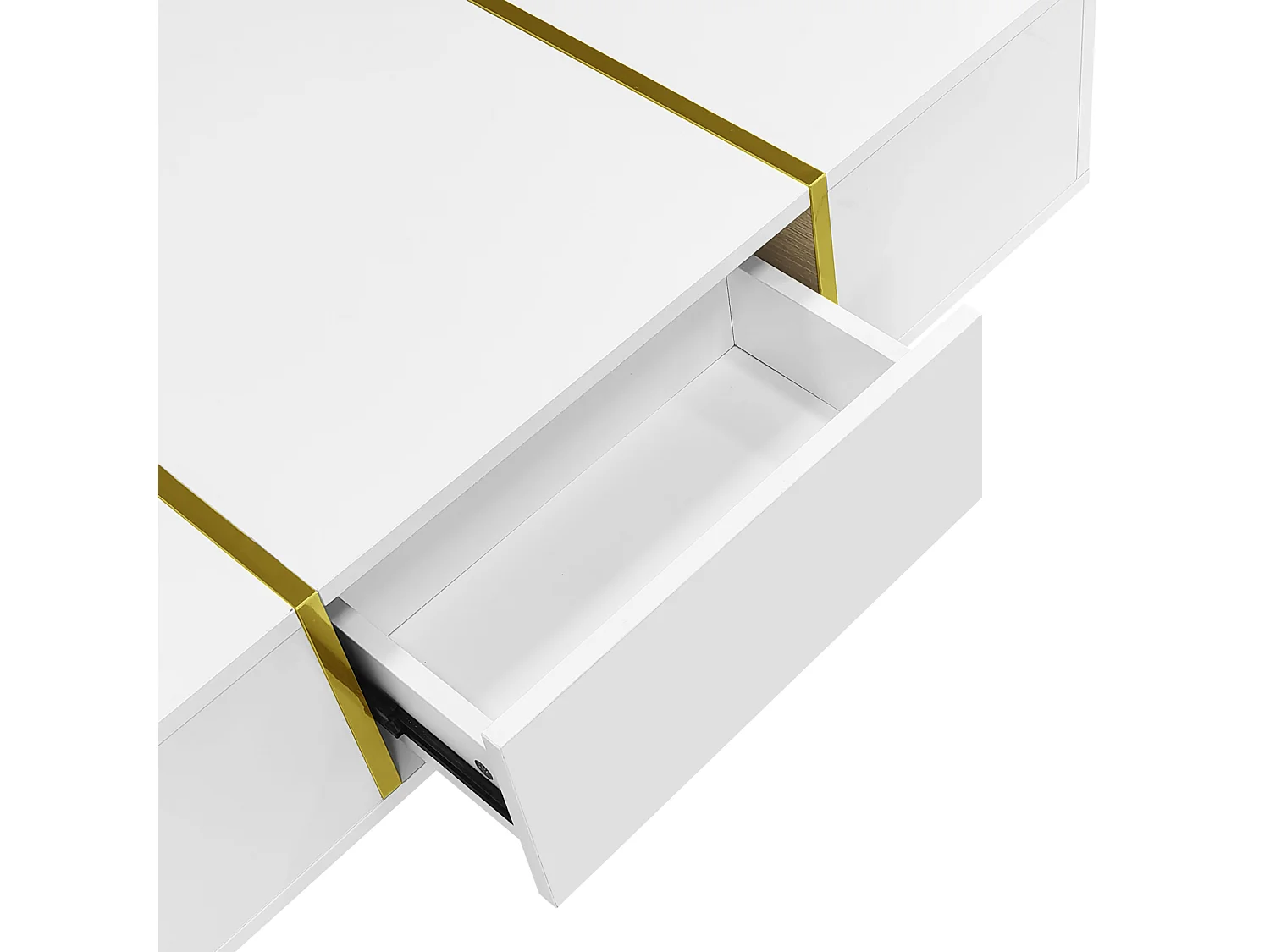 Mesa de centro moderna y elegante lacada en blanco con 2 cajones, para una sala de estar contemporánea.
