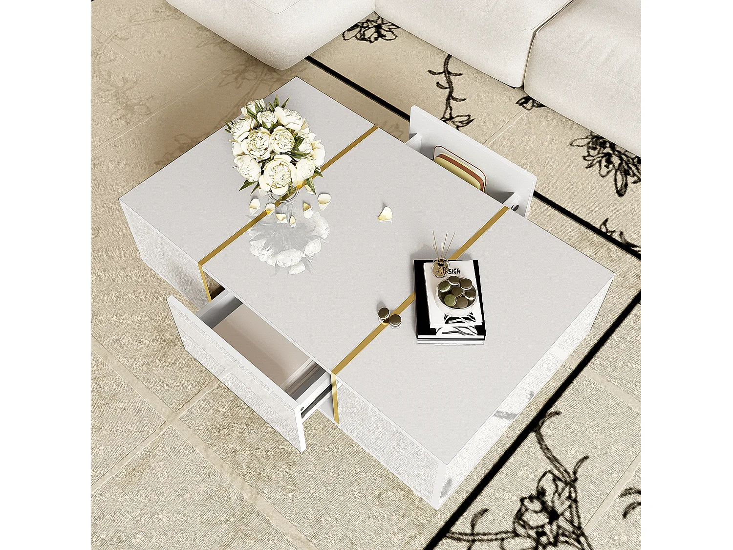 Mesa de centro moderna y elegante lacada en blanco con 2 cajones, para una sala de estar contemporánea.