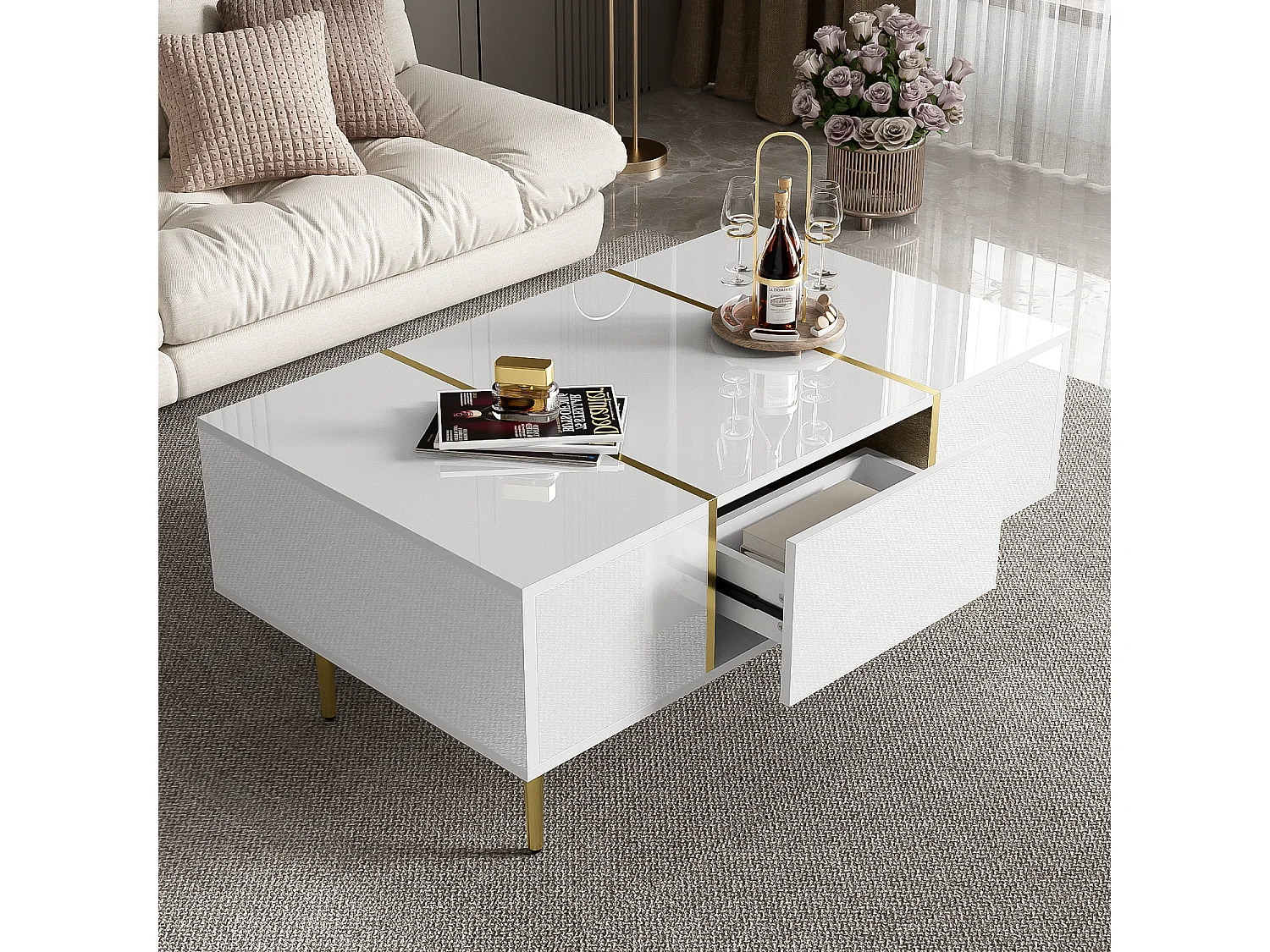 Mesa de centro moderna y elegante lacada en blanco con 2 cajones, para una sala de estar contemporánea.