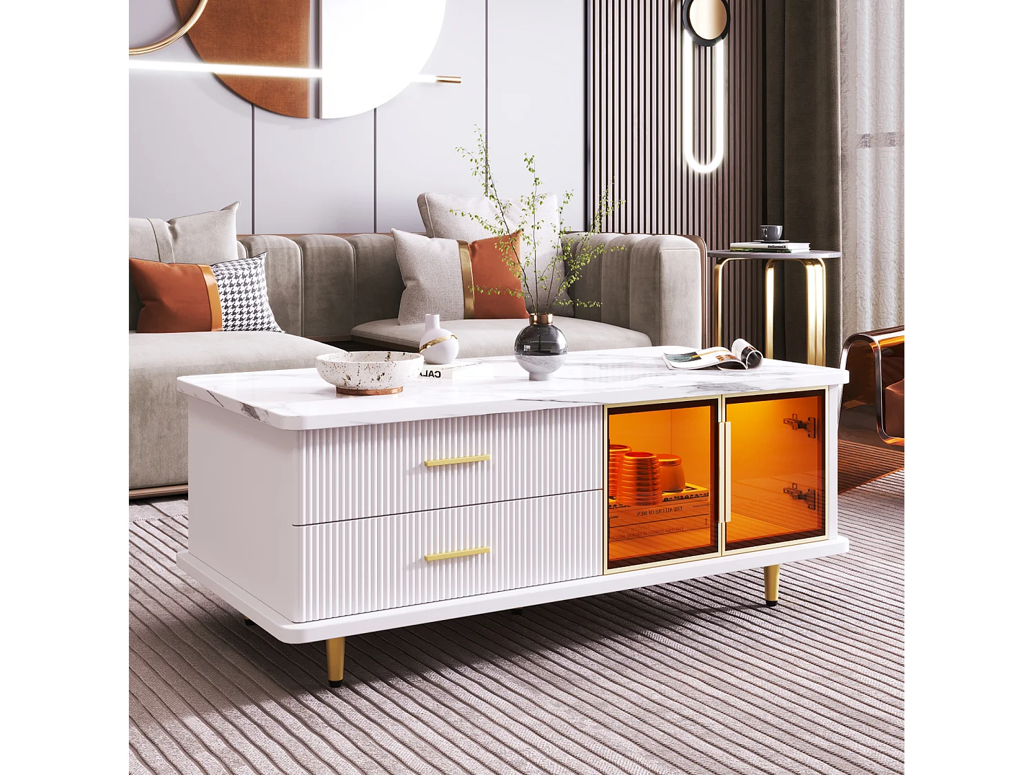 Table basse avec porte en verre trempé, tiroirs ondulés, pieds et poignées dorés, pour salon