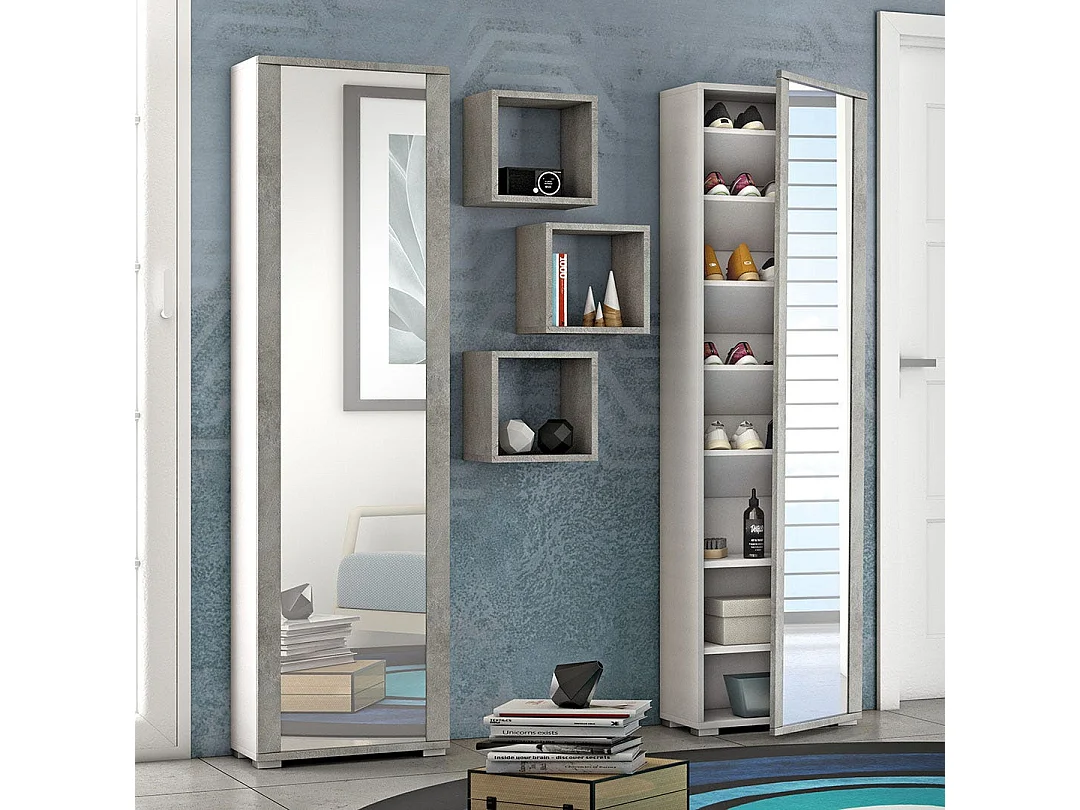 Armoire Haute H 182Cm Béton Gris Avec Miroir