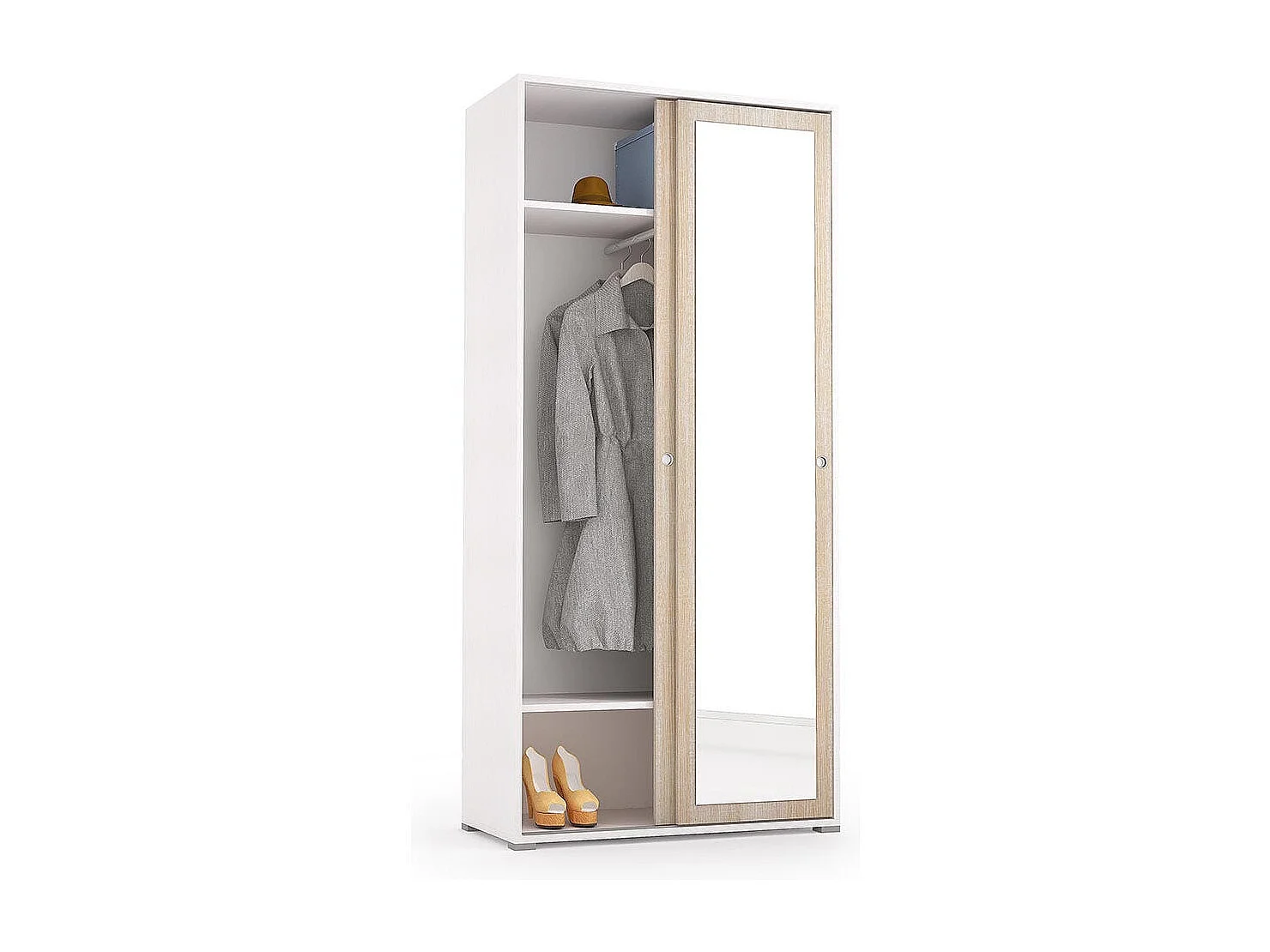 Armoire Blanche Et Chêne Avec Porte Miroir Et Porte-Manteau