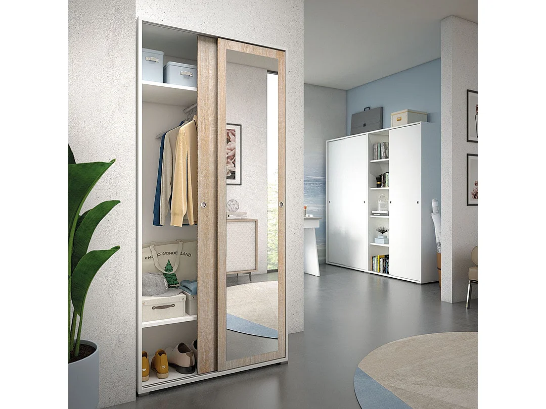 Armoire Blanche Et Chêne Avec Porte Miroir Et Porte-Manteau