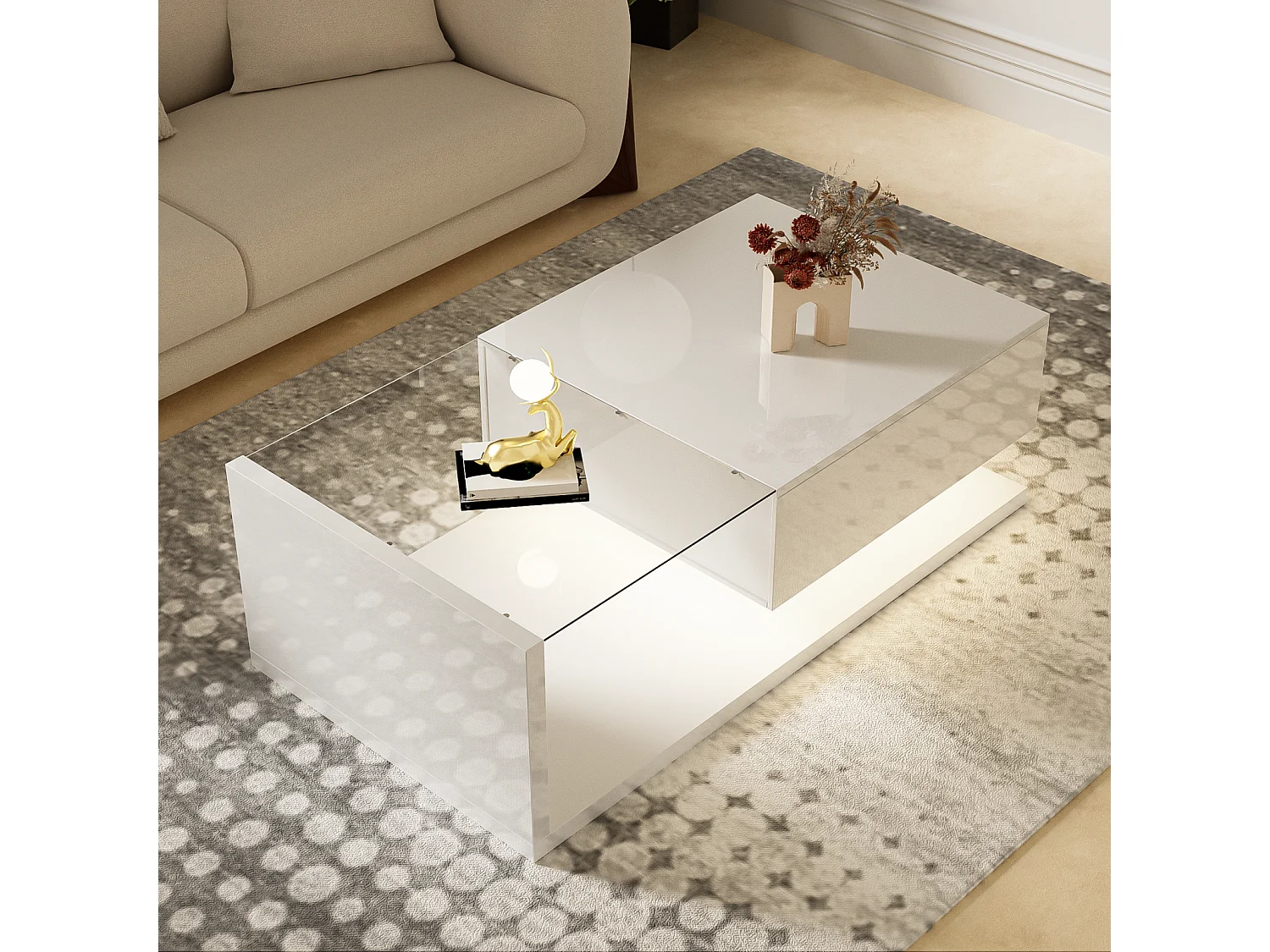 Mesa de centro moderna com LED, em vidro branco e madeira, com gaveta grande, para sala de estar, 105 x 55 x 32,5 cm