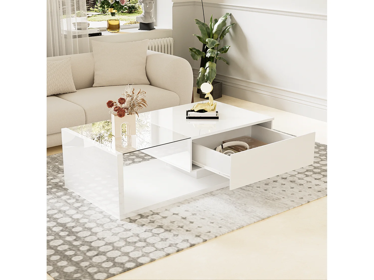 Mesa de centro moderna com LED, em vidro branco e madeira, com gaveta grande, para sala de estar, 105 x 55 x 32,5 cm