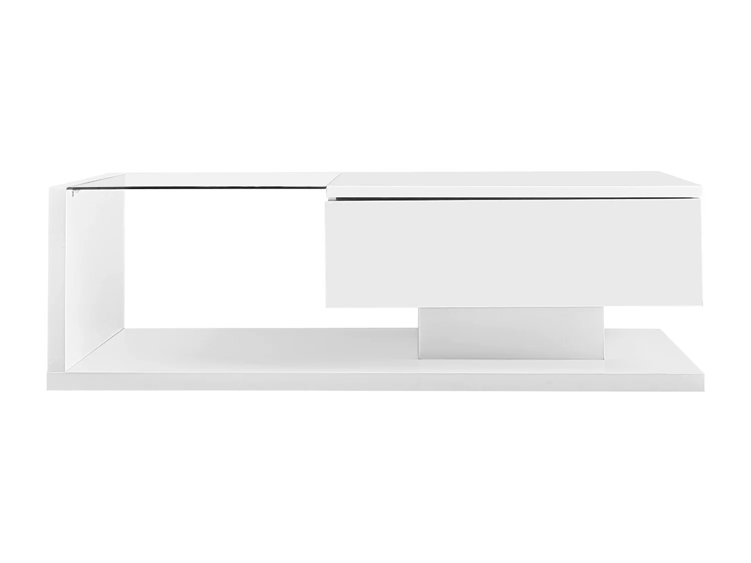 Mesa de centro moderna com LED, em vidro branco e madeira, com gaveta grande, para sala de estar, 105 x 55 x 32,5 cm