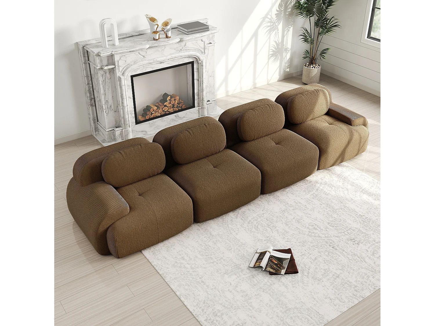 Sofa 4-sitzig modular in Rippvelours - mit 4 Kissen - 388x103x75cm - Braun