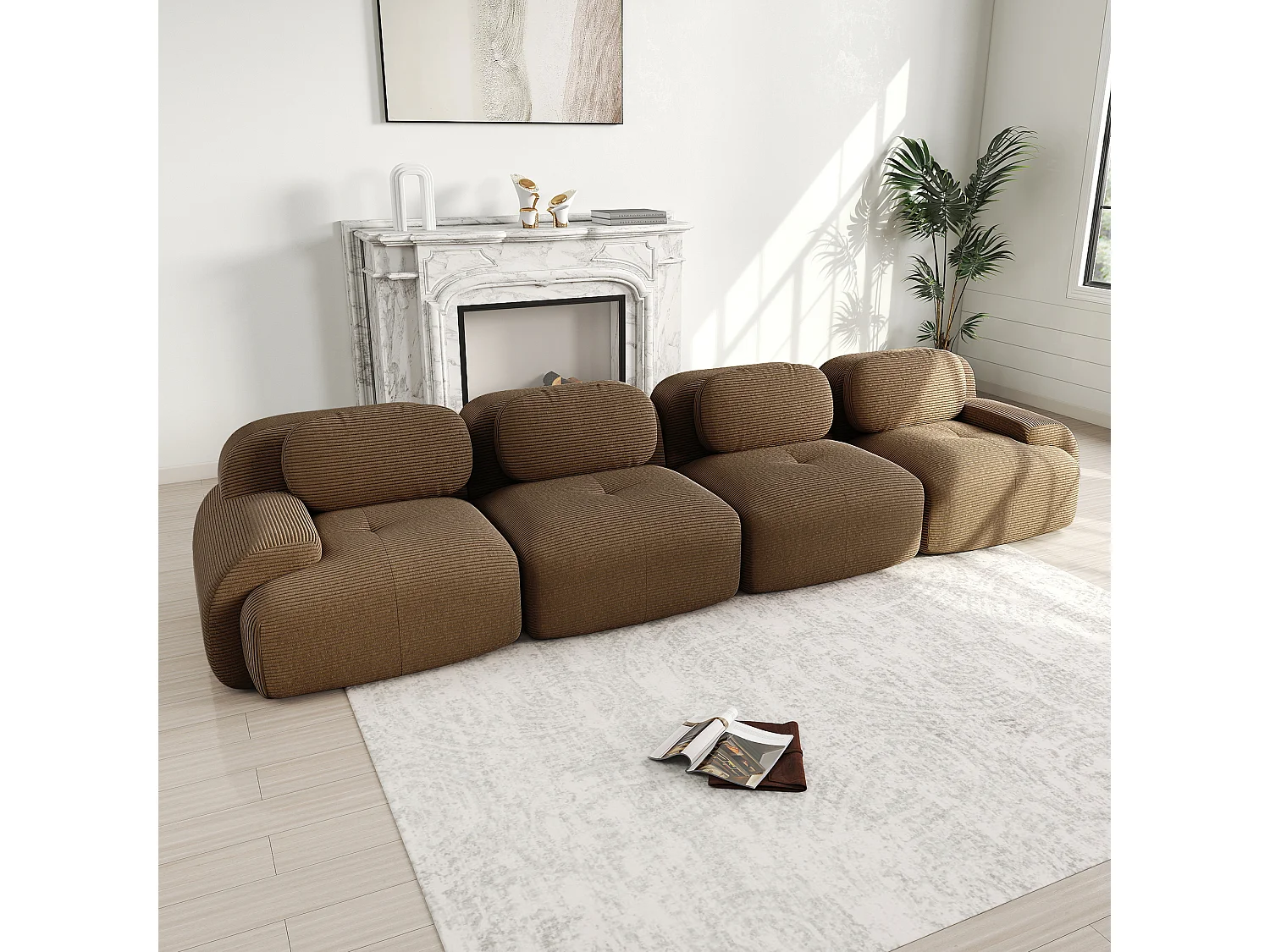 Canapé 4 places modulable en Velours côtelé - avec 4 oreillers - 388x103x70cm - Marron