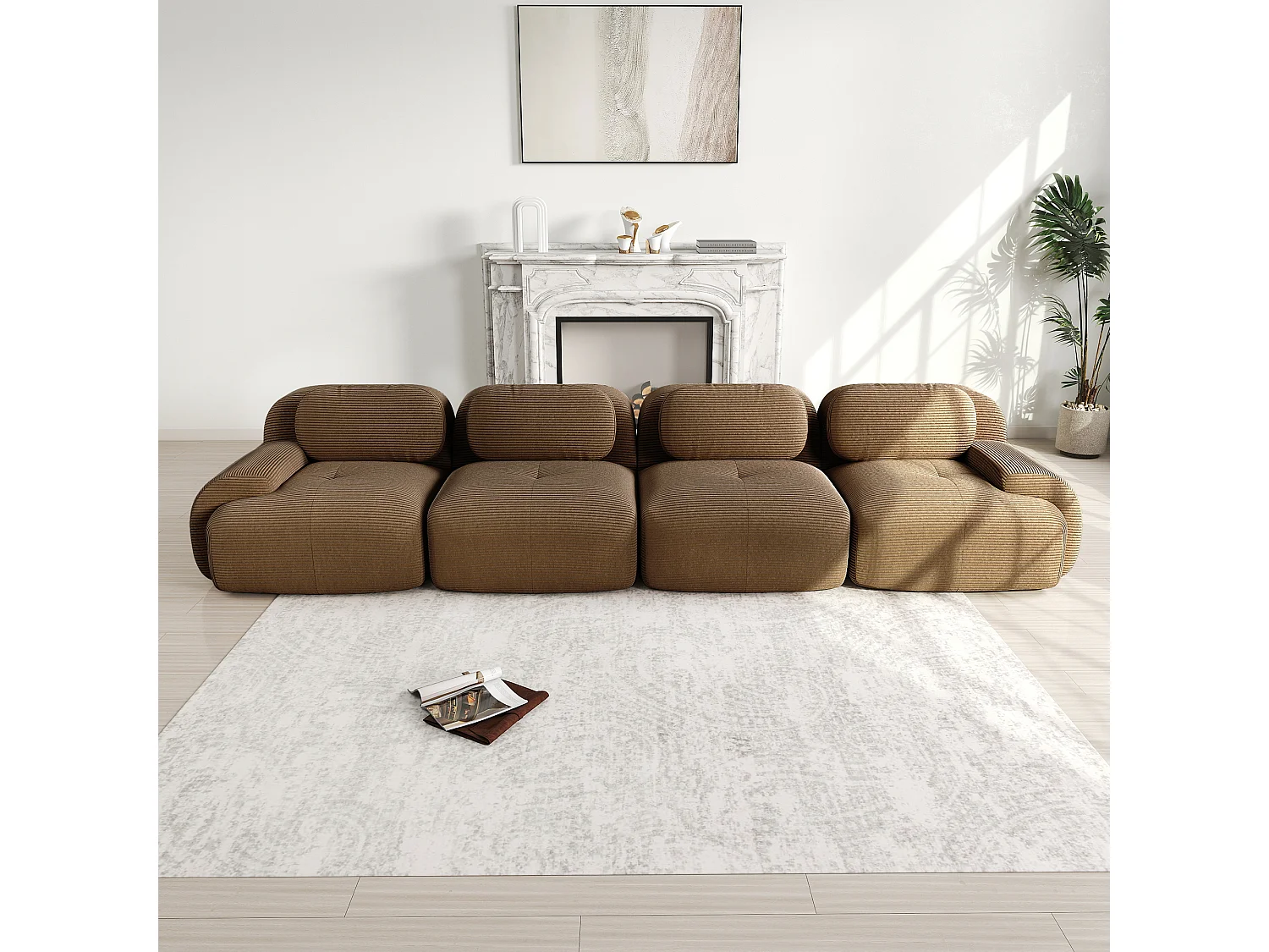 Canapé 4 places modulable en Velours côtelé - avec 4 oreillers - 388x103x70cm - Marron