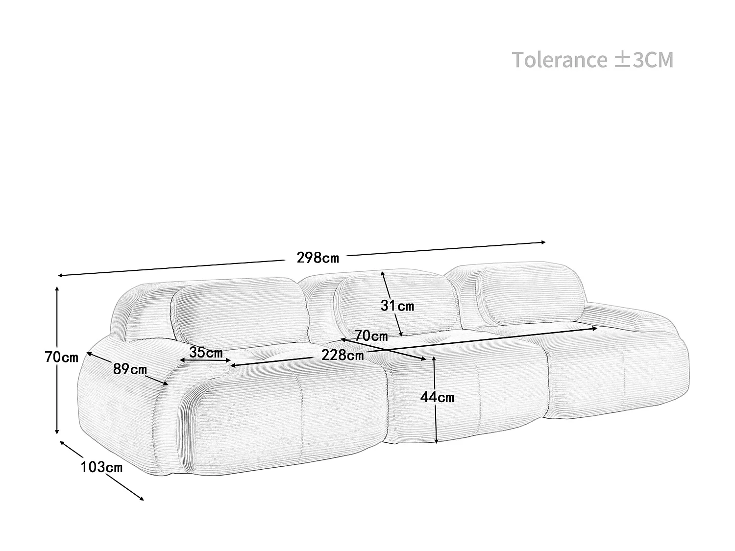 Sofá 3 plazas modular en Pana - con 3 cojines - 298x103x70cm - Marrón