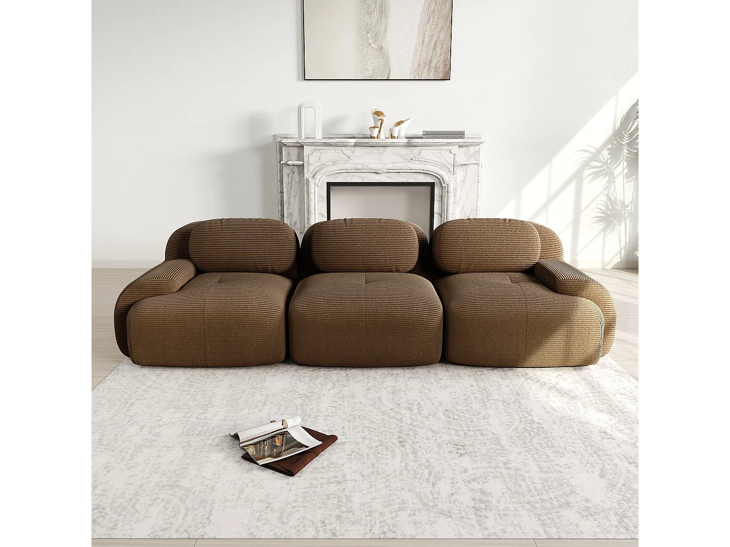 Sofá 3 plazas modular en Pana - con 3 cojines - 298x103x70cm - Marrón