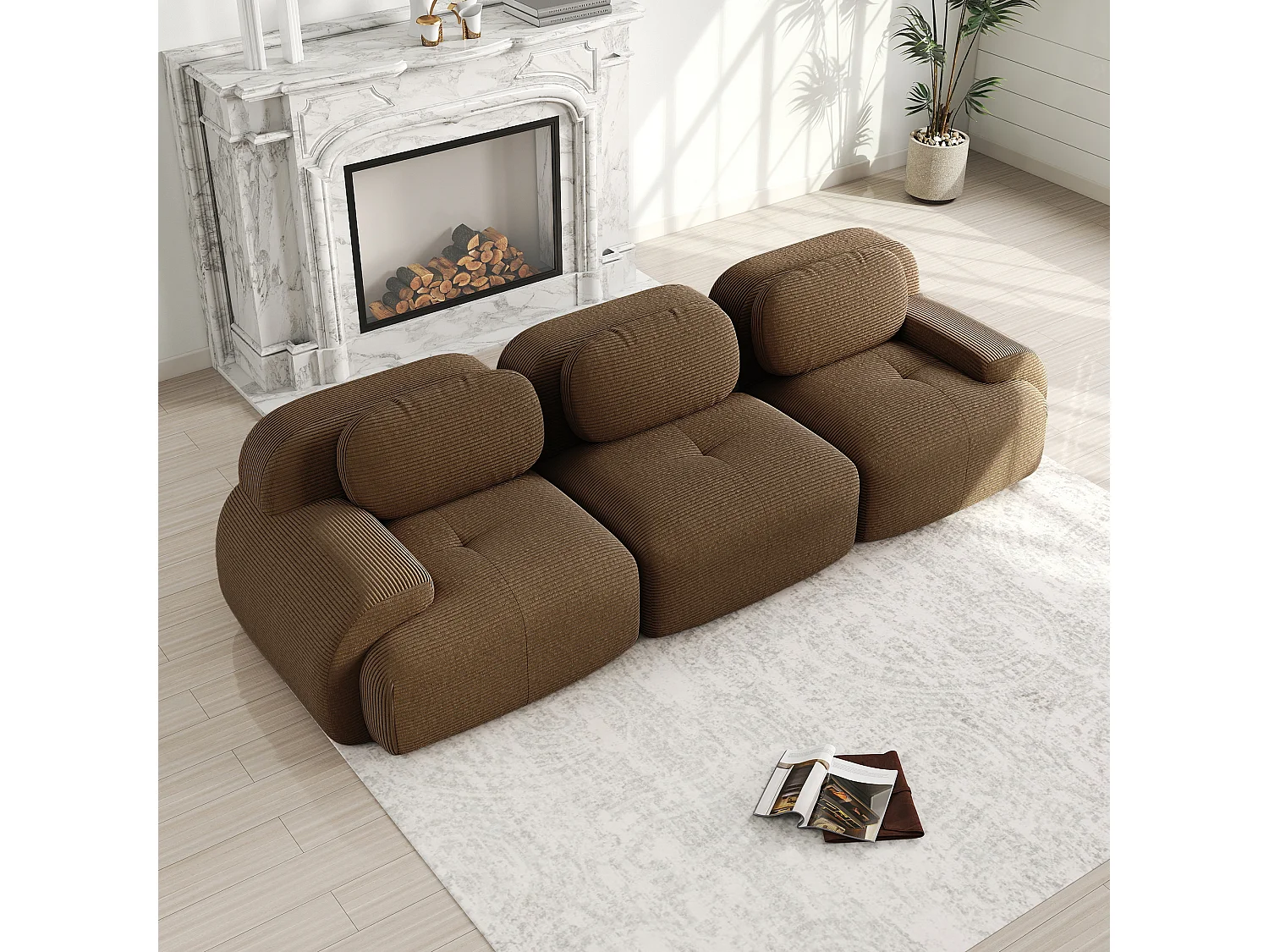 Sofá 3 plazas modular en Pana - con 3 cojines - 298x103x70cm - Marrón