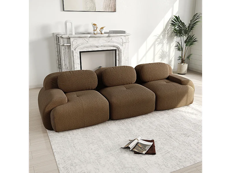 Bank 3-zits modulair in Ribfluweel - met 3 kussens - 298x103x70cm - Bruin