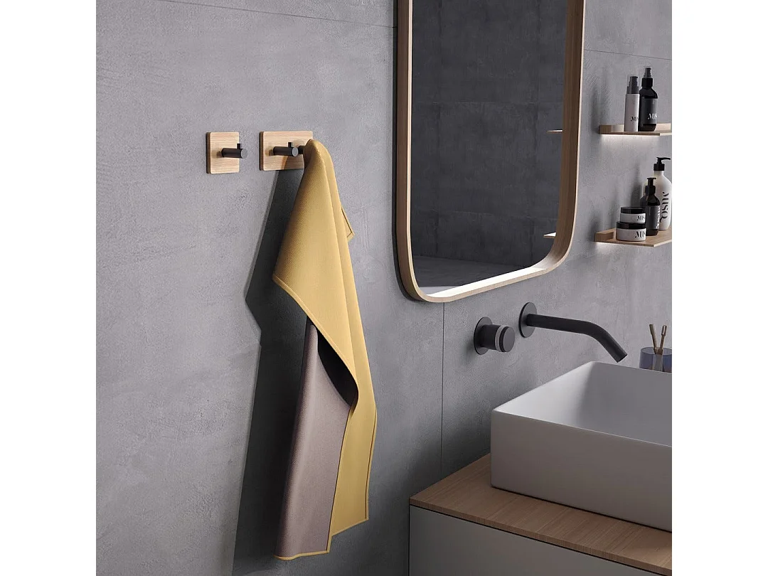 Porte-Manteau Adhésif En Bois De Bambou Naturel Et Métal Noir