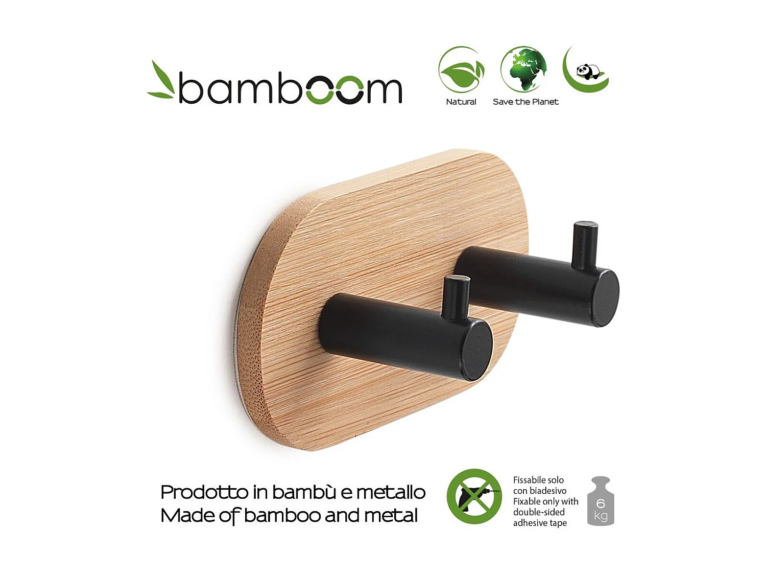 Cintre Adhésif En Bambou Avec Crochets En Métal Noir