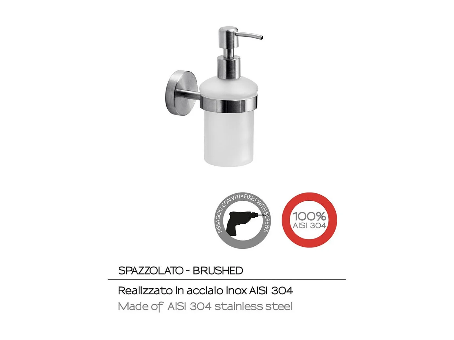 Distributeur De Savon Brossé Capacité 180 Ml Verre/Acier Aisi 304 - Fixation Avec Vis Incluses | Loto