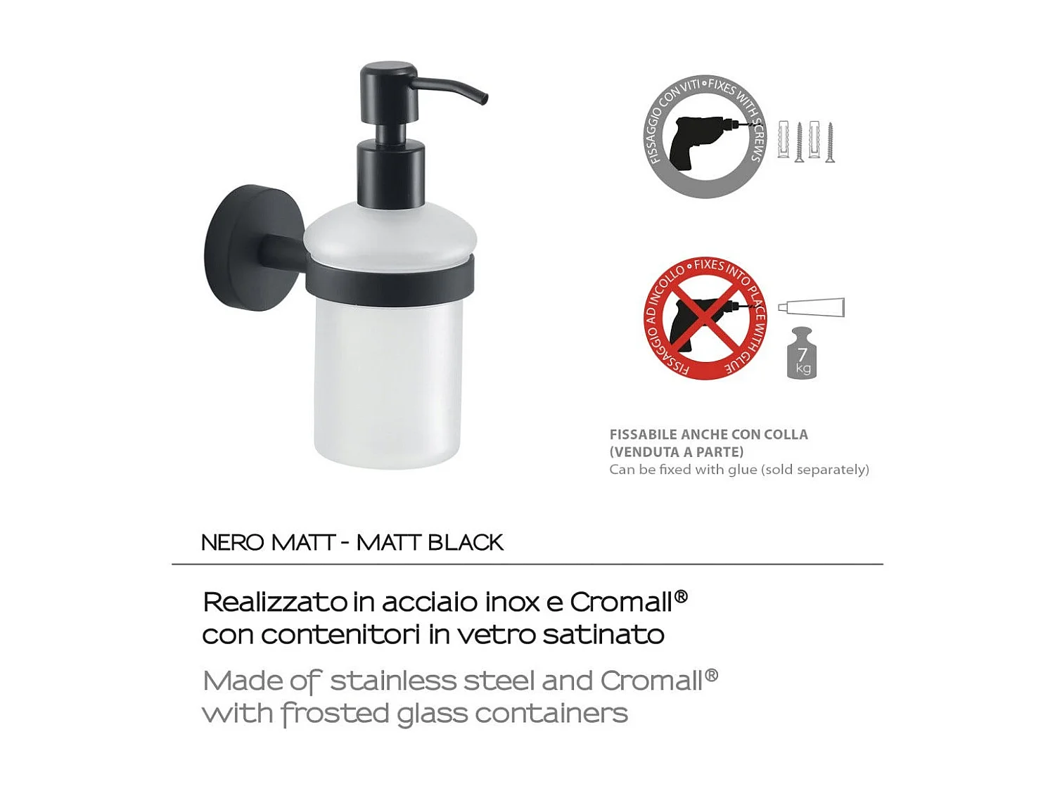 Distributeur De Savon 180 Ml Verre/Acier Inoxydable Noir Mat | Violetta