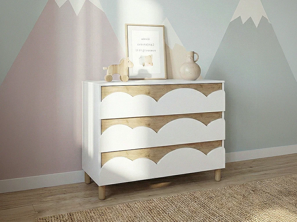 Commode 3 tiroirs – Blanc et naturel – NUBORELA