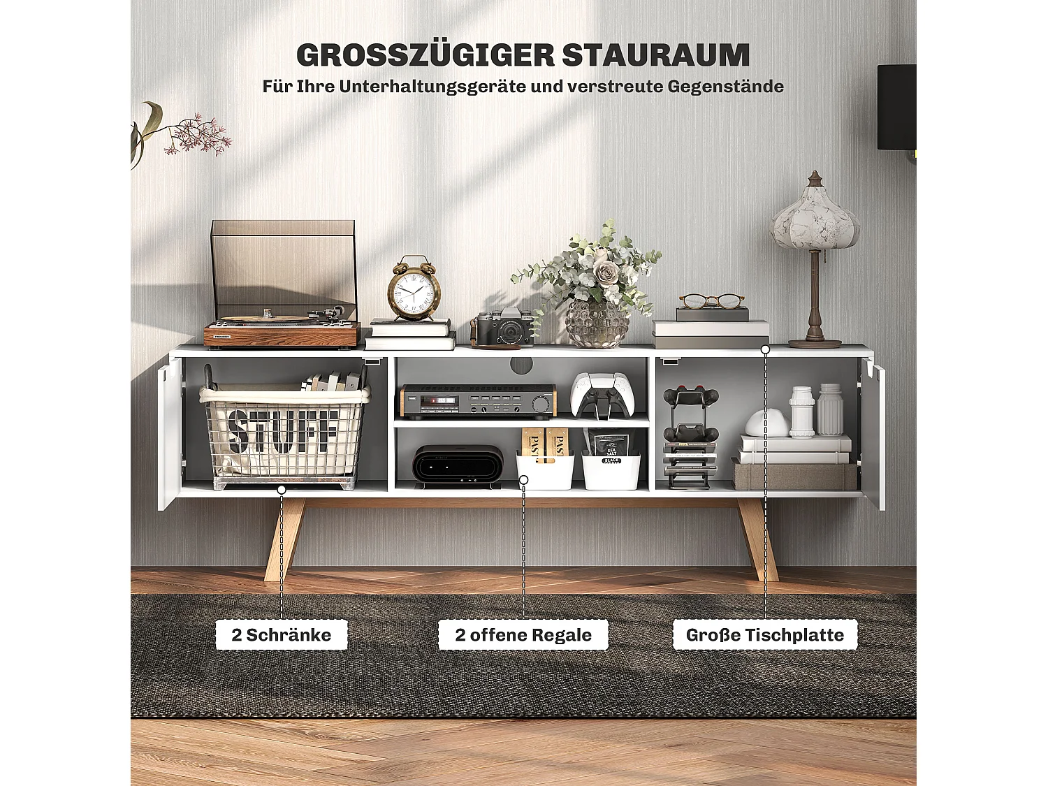Witte tv-standaard 150 × 39 × 50 cm, 2 kasten en 2 planken, voor tv's tot 65", woonkamer