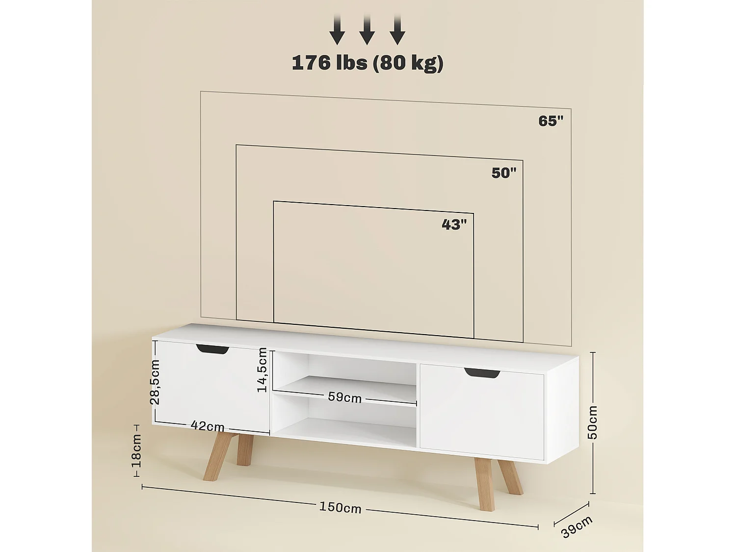 Meuble TV 150 × 39 × 50 cm blanc, 2 placards et 2 étagères, pour TV jusqu'à 65",  salon