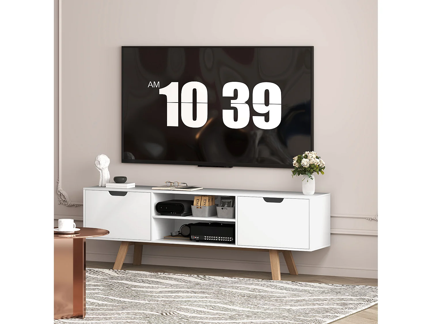 Meuble TV 150 × 39 × 50 cm blanc, 2 placards et 2 étagères, pour TV jusqu'à 65",  salon