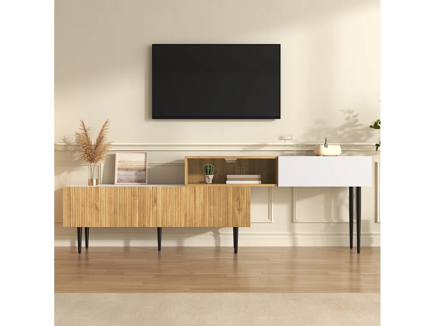 Supporto TV regolabile in lunghezza, design modulare in 2 parti, gambe in metallo, legno + bianco opaco