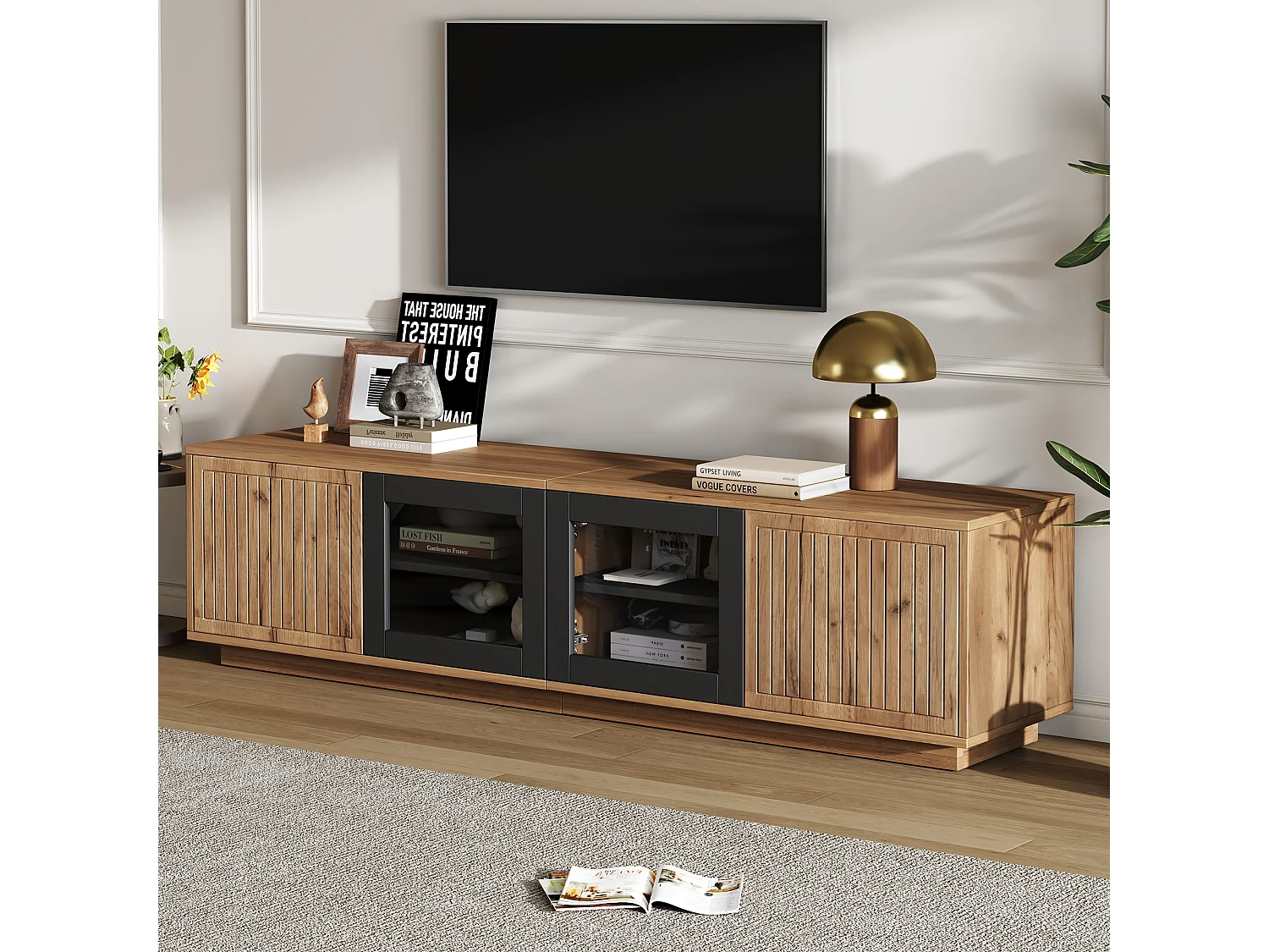 Lage tv-kast 180×40×45 cm, kleur hout/naturel en zwart, ledverlichting, 2 glazen deuren, voor tv's tot 75"