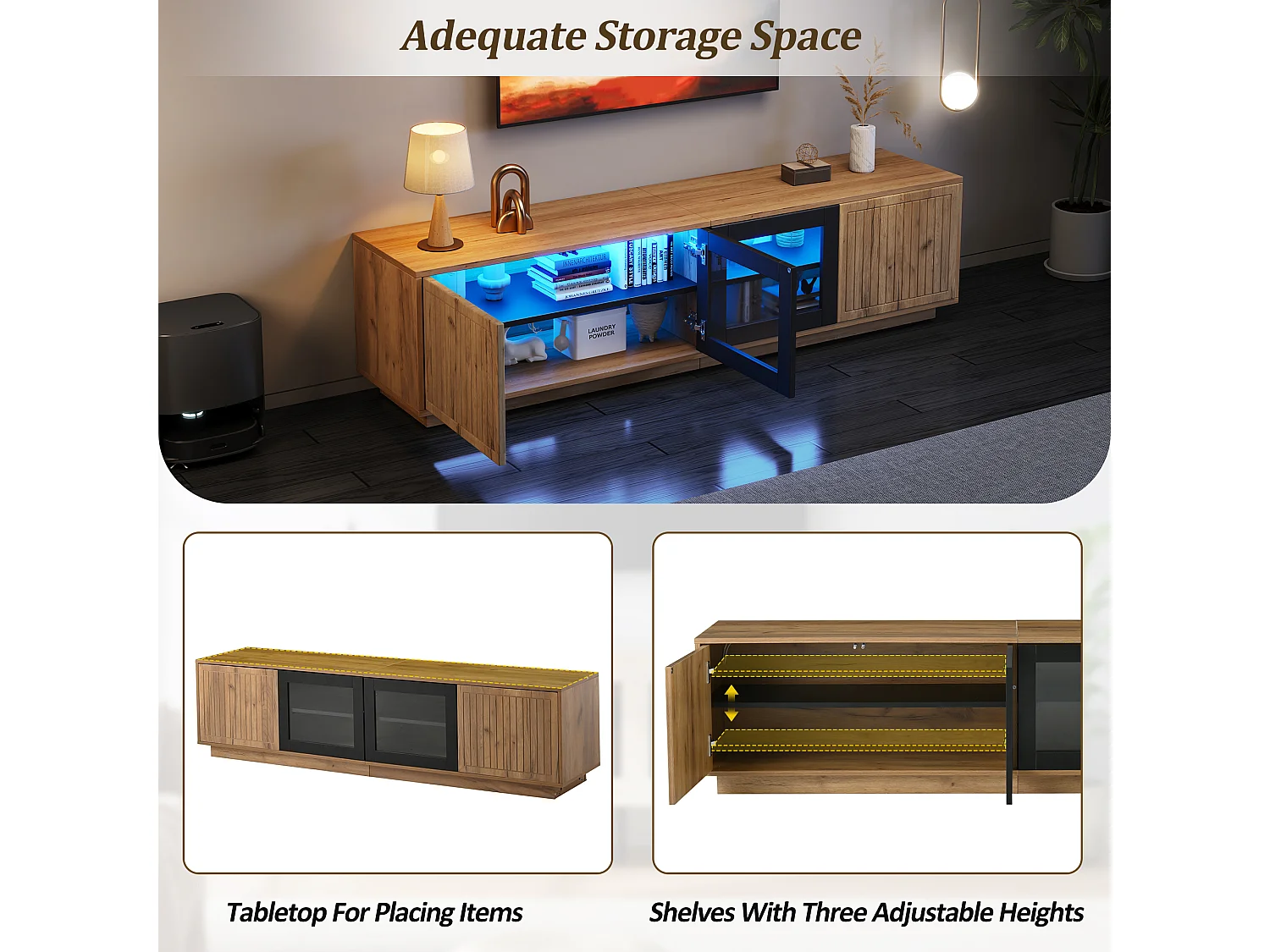 Lage tv-kast 180×40×45 cm, kleur hout/naturel en zwart, ledverlichting, 2 glazen deuren, voor tv's tot 75"