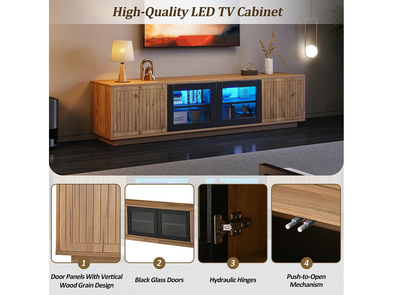 Lage tv-kast 180×40×45 cm, kleur hout/naturel en zwart, ledverlichting, 2 glazen deuren, voor tv's tot 75"