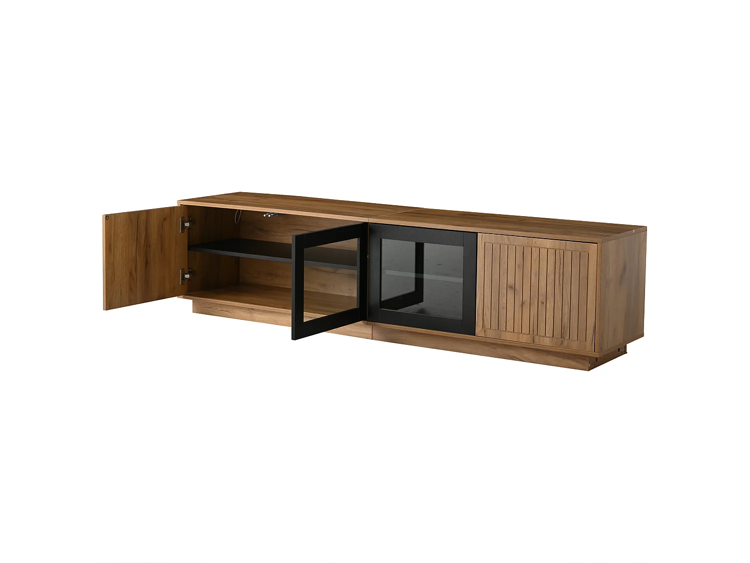 Lage tv-kast 180×40×45 cm, kleur hout/naturel en zwart, ledverlichting, 2 glazen deuren, voor tv's tot 75"