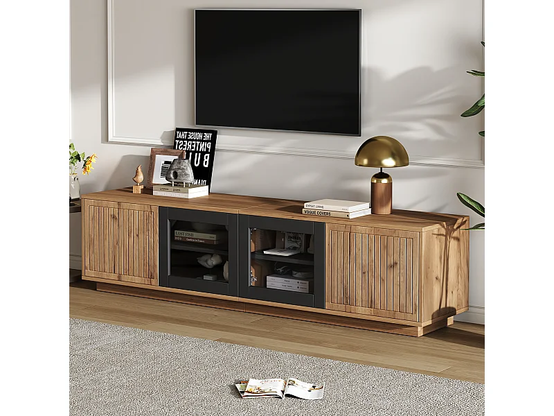 Lage tv-kast 180×40×45 cm, kleur hout/naturel en zwart, ledverlichting, 2 glazen deuren, voor tv's tot 75"