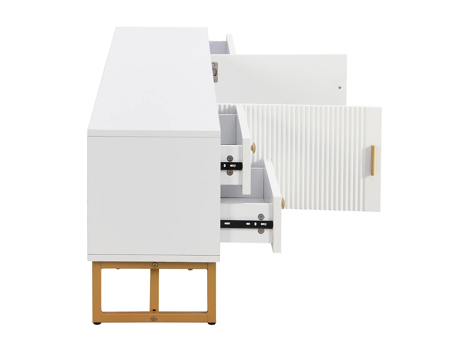 Mobile porta TV con contenitore, 2 ante e 4 cassetti, mobile porta TV basso, gambe e maniglie dorate, bianco