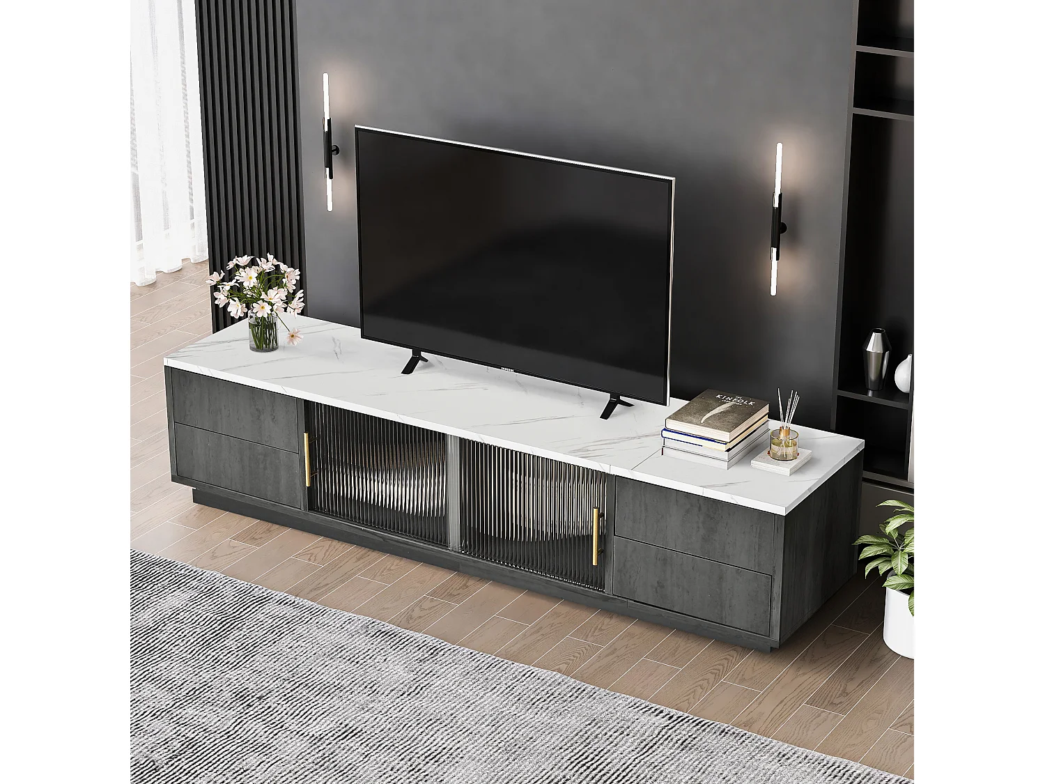 Mobile TV Deluxe da 160 cm per TV da 70", grigio, piano in marmo, gestione dei cavi, cassetti con apertura a pressione