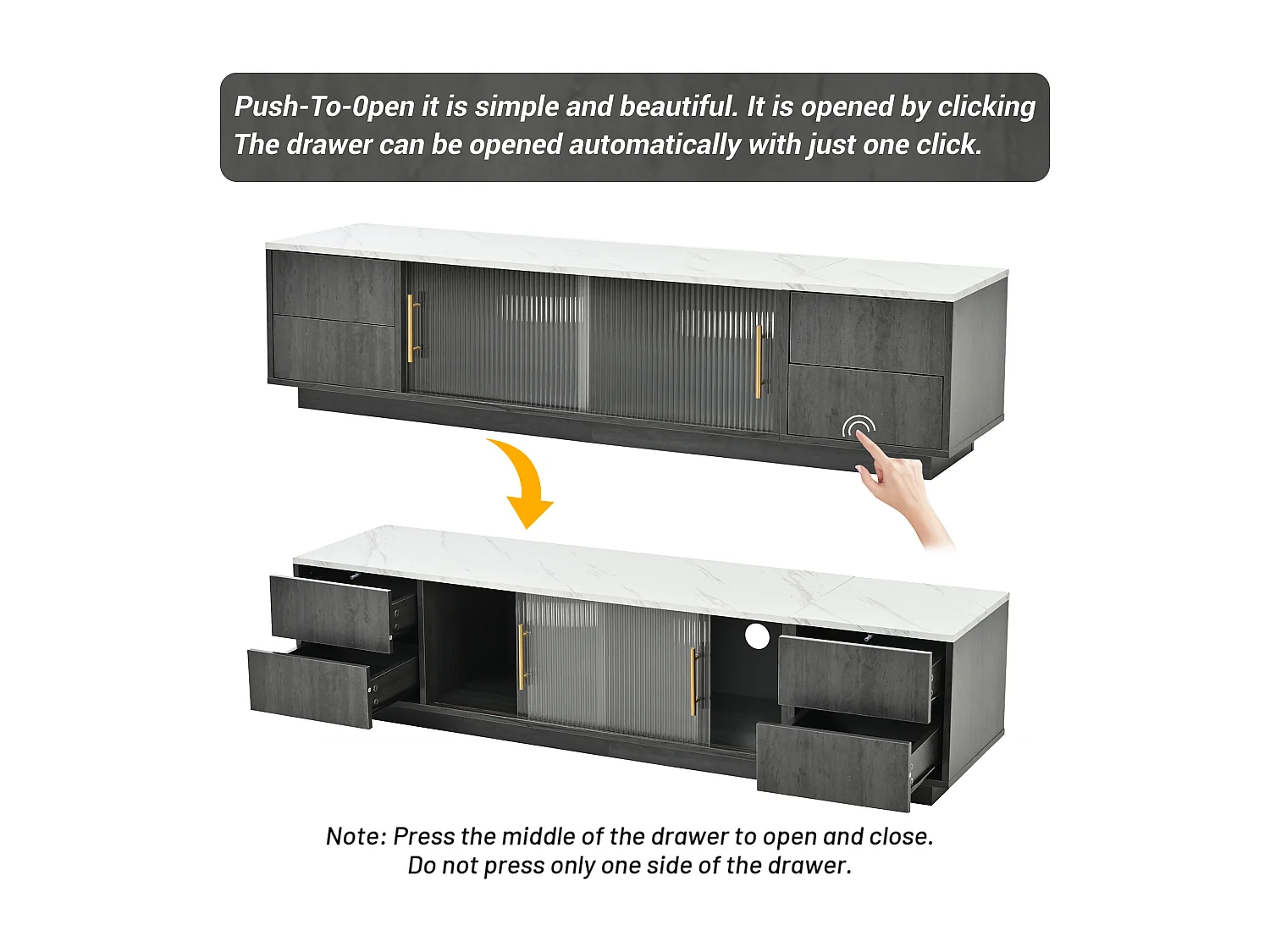 Mobile TV Deluxe da 160 cm per TV da 70", grigio, piano in marmo, gestione dei cavi, cassetti con apertura a pressione