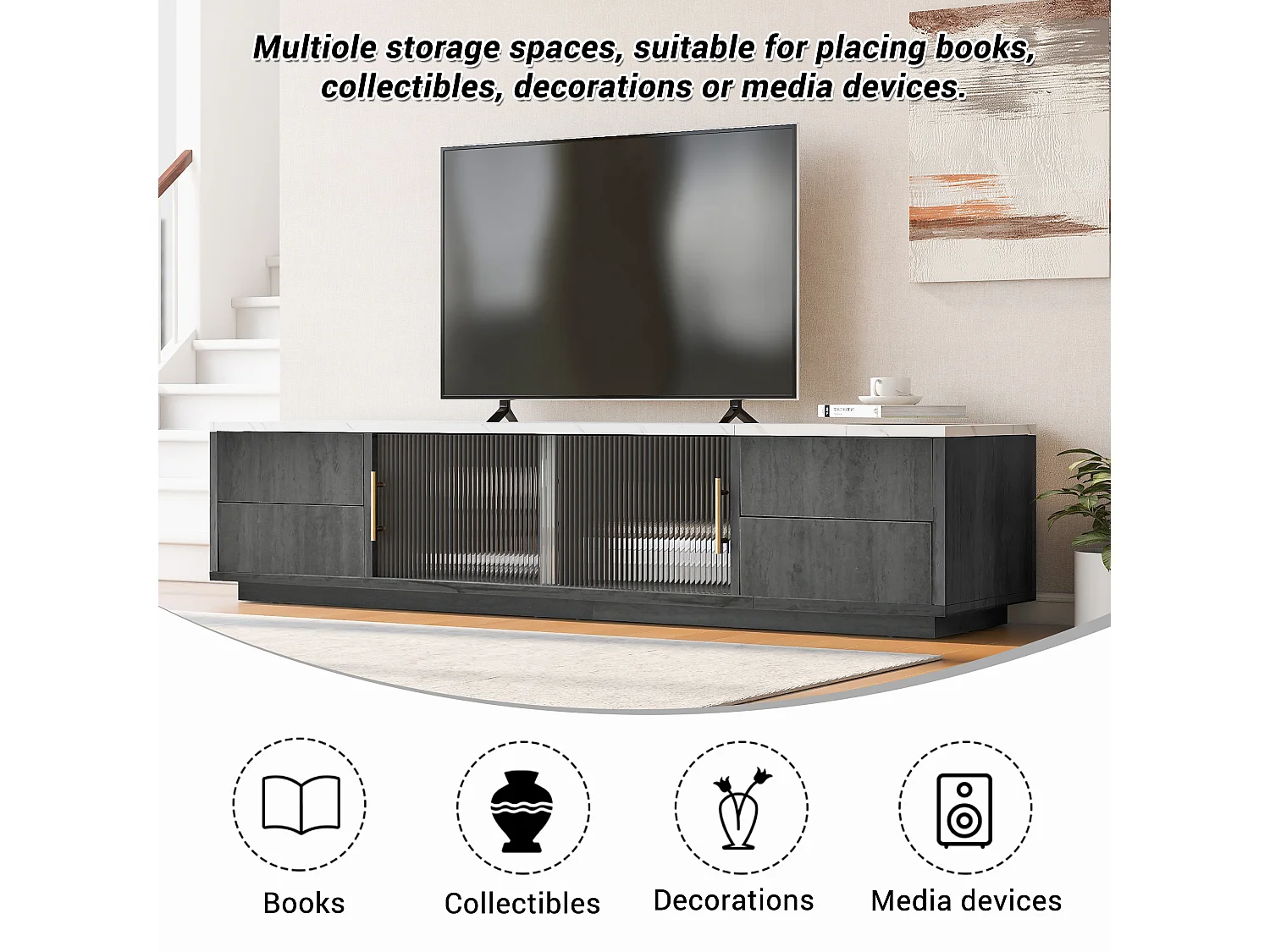 Mobile TV Deluxe da 160 cm per TV da 70", grigio, piano in marmo, gestione dei cavi, cassetti con apertura a pressione