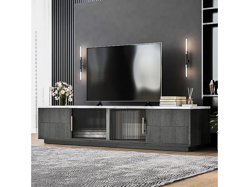 Meuble TV 160 cm Deluxe pour TV 70", gris, plateau marbré, gestion des câbles, tiroirs push-to-open