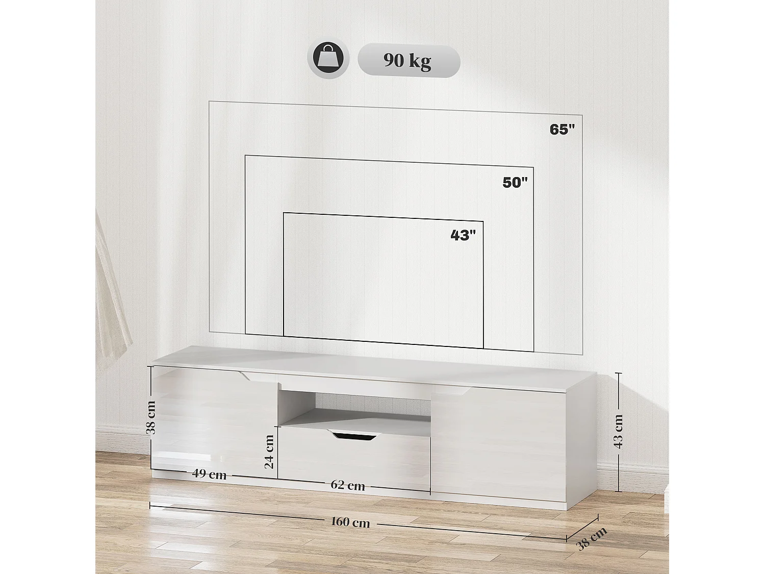 Mueble TV blanco de 160 cm con 2 puertas, cajón y pasacables, para TV de hasta 65"