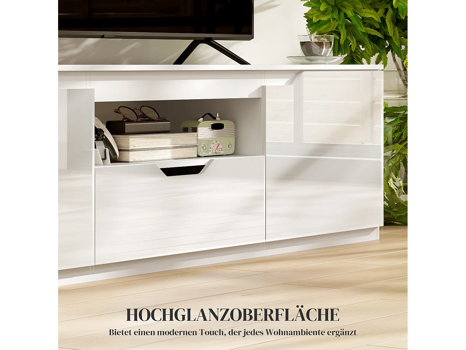 Mueble TV blanco de 160 cm con 2 puertas, cajón y pasacables, para TV de hasta 65"