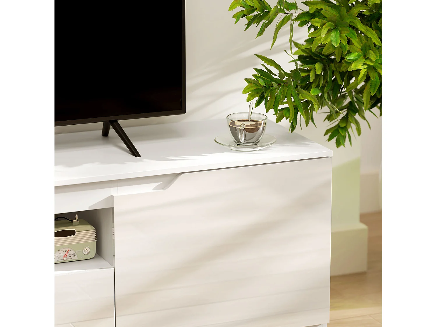 Mueble TV blanco de 160 cm con 2 puertas, cajón y pasacables, para TV de hasta 65"