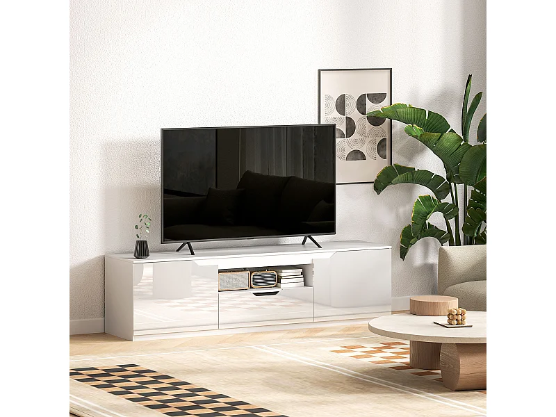 Mueble TV blanco de 160 cm con 2 puertas, cajón y pasacables, para TV de hasta 65"