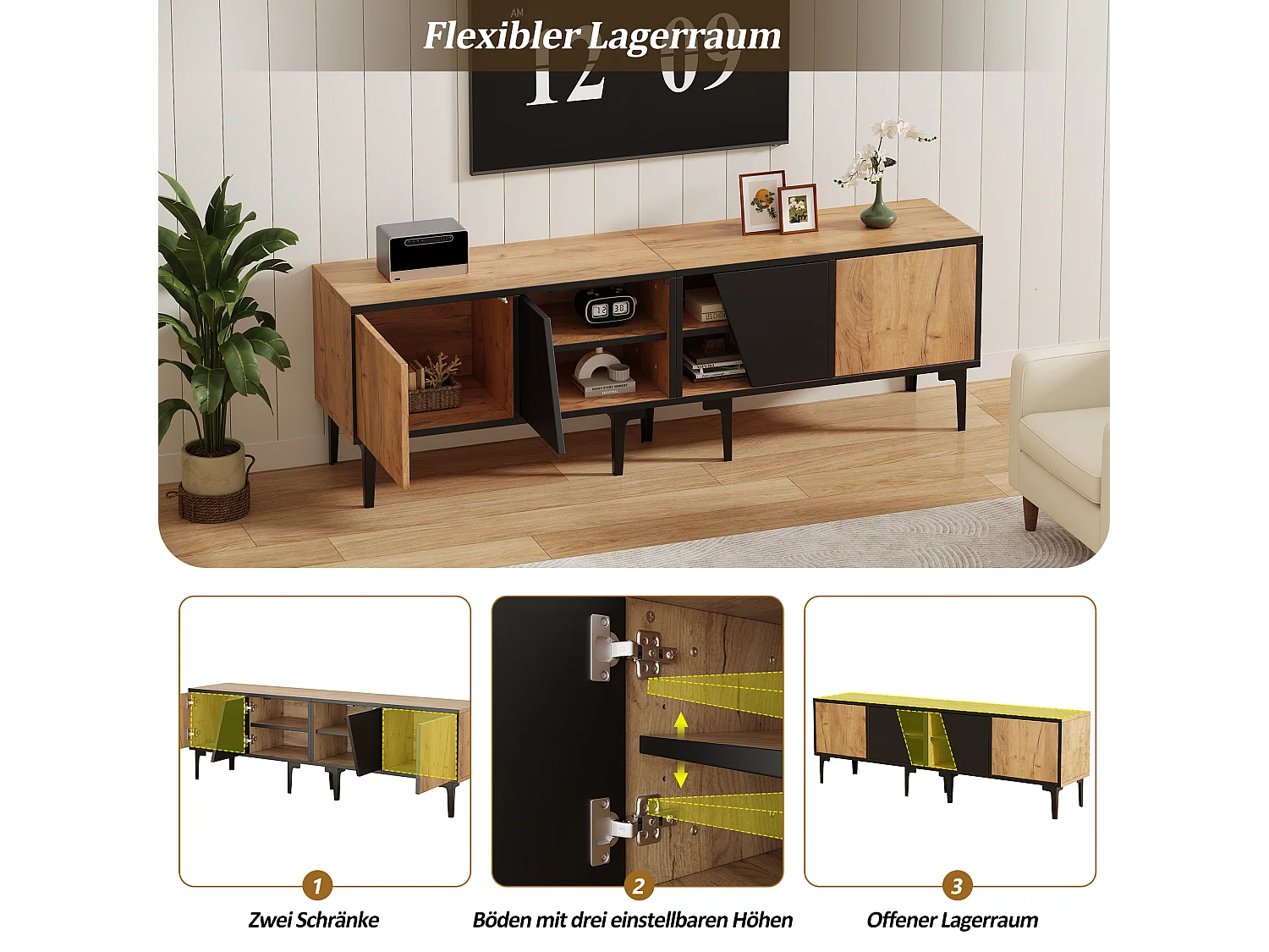 Lage tv-standaard 160 × 36,5 × 45 cm, natuurlijke houtkleur, 4 planken, voor tv's tot 65", woonkamer