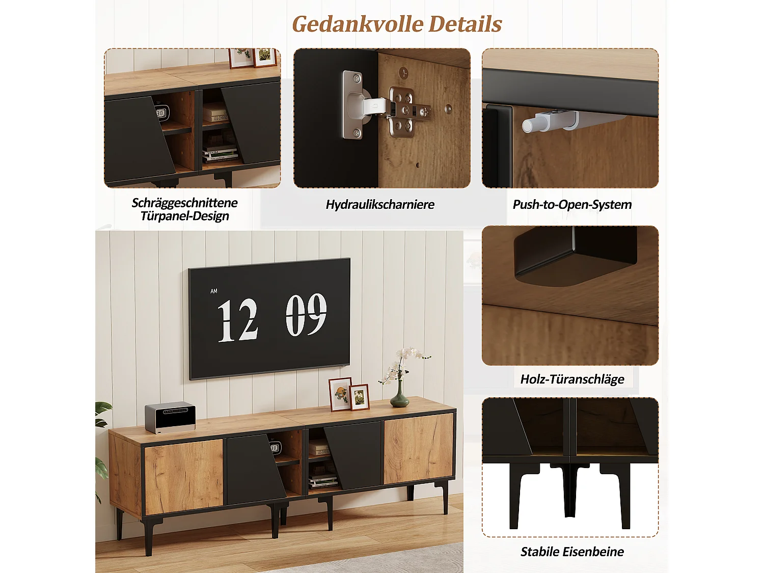Lage tv-standaard 160 × 36,5 × 45 cm, natuurlijke houtkleur, 4 planken, voor tv's tot 65", woonkamer