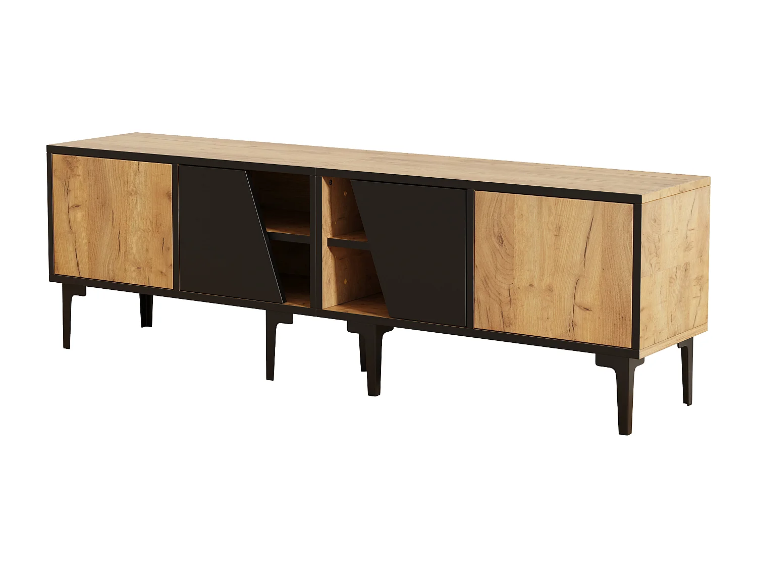 Lage tv-standaard 160 × 36,5 × 45 cm, natuurlijke houtkleur, 4 planken, voor tv's tot 65", woonkamer