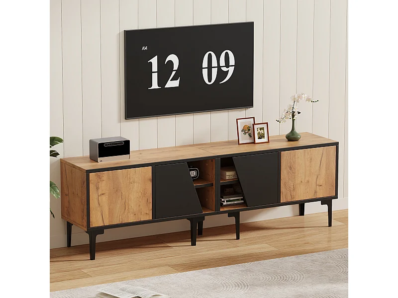 Lage tv-standaard 160 × 36,5 × 45 cm, natuurlijke houtkleur, 4 planken, voor tv's tot 65", woonkamer