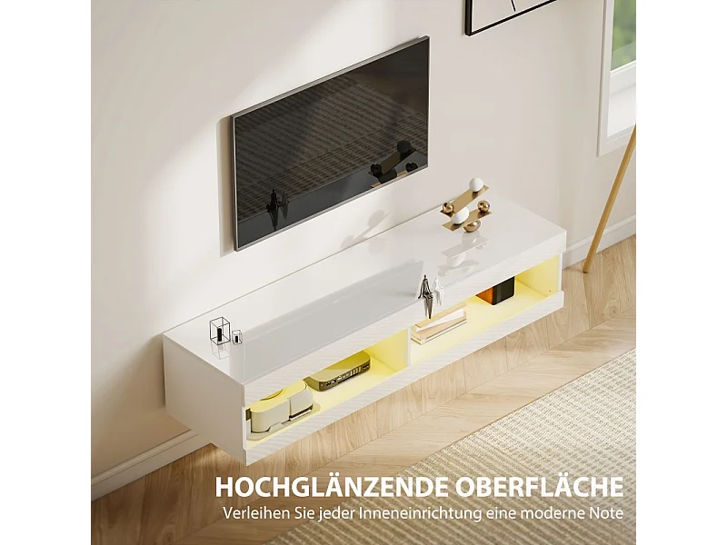 TV-meubel voor aan de muur of laag profiel, 140 × 40 × 30 cm, witte lakafwerking, RGB LED-verlichting, open opbergruimte, woon-/slaapkamer