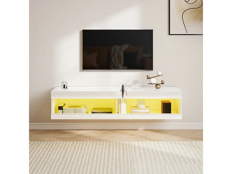 Meuble TV mural ou bas 140 × 40 × 30 cm blanc laqué, LED RGB, rangement ouvert, salon/chambre