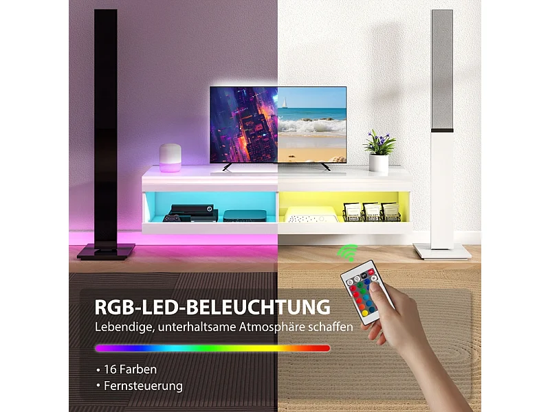Meuble TV mural ou bas 140 × 40 × 30 cm blanc laqué, LED RGB, rangement ouvert, salon/chambre