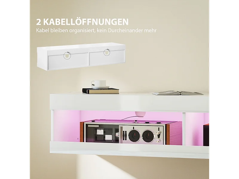 Meuble TV mural ou bas 140 × 40 × 30 cm blanc laqué, LED RGB, rangement ouvert, salon/chambre