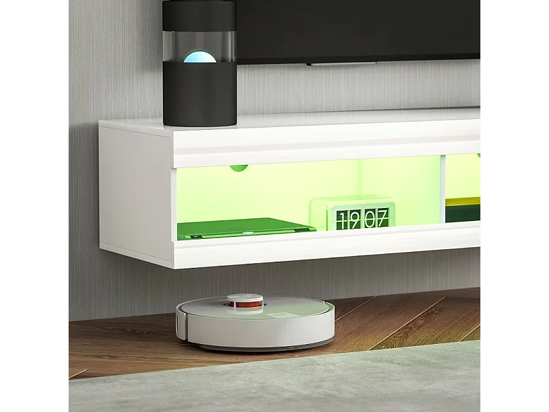 Meuble TV mural ou bas 140 × 40 × 30 cm blanc laqué, LED RGB, rangement ouvert, salon/chambre