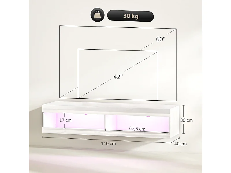 Meuble TV mural ou bas 140 × 40 × 30 cm blanc laqué, LED RGB, rangement ouvert, salon/chambre